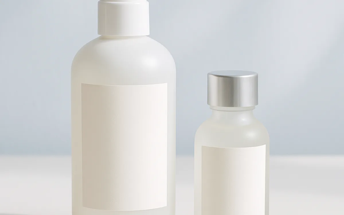 A large budget cleanser bottle beside a small premium one