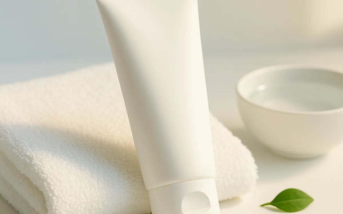 Cream face wash on a white towel beside a bowl of water