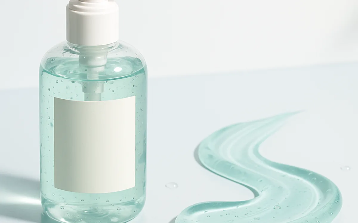 Clear gel face wash next to water droplets on a pale blue surface