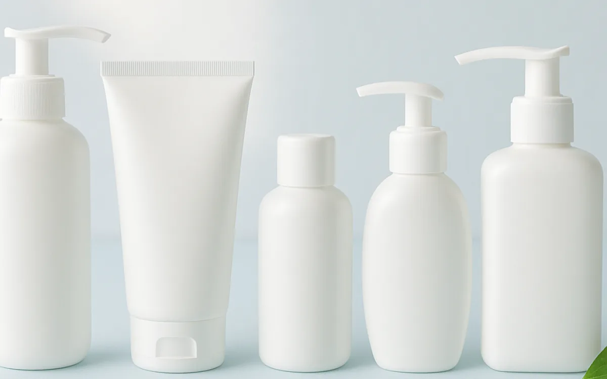 Several unbranded face wash bottles arranged in a row for comparison