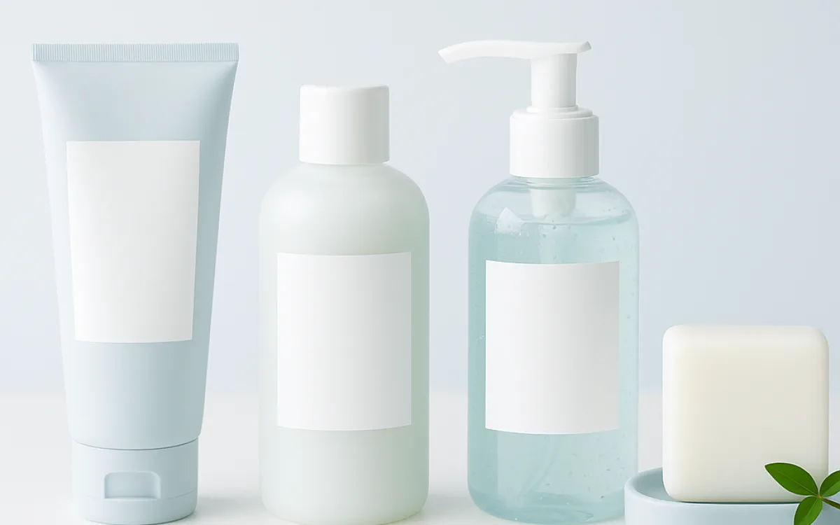Four mild cleansers in cream, milk, gel and bar form on a plain surface