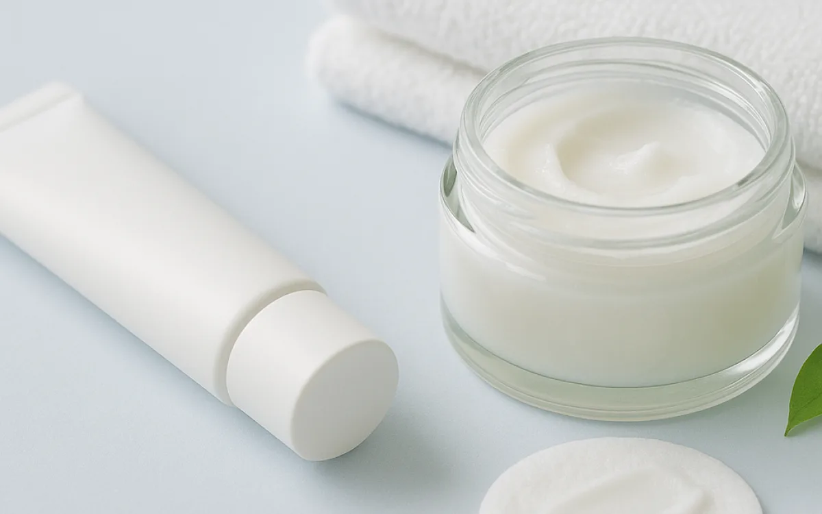 Cleansing balm and a sunscreen tube beside a folded white towel