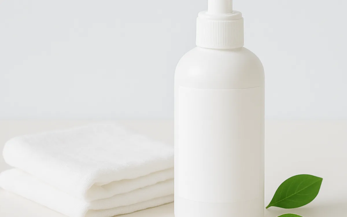 Fragrance-free cleanser bottle beside soft towel and green leaves