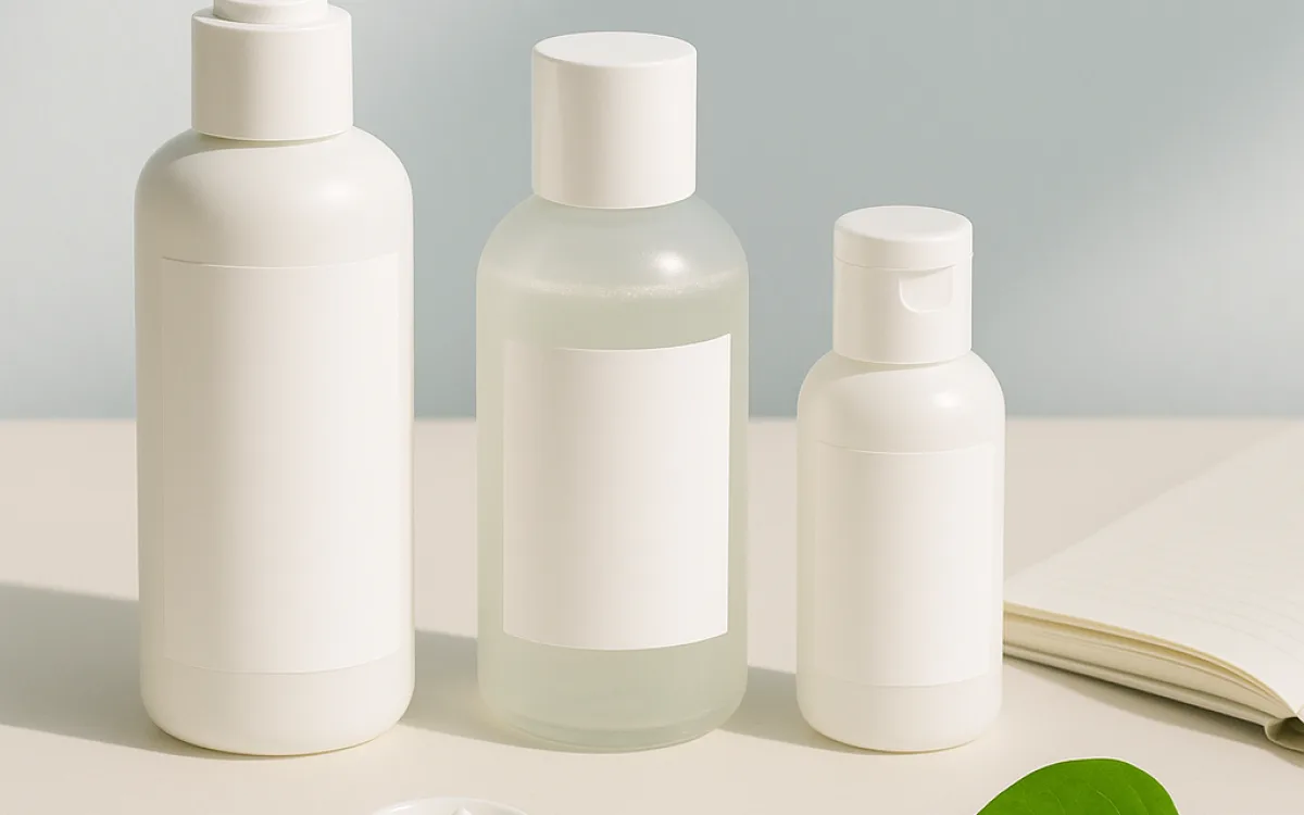 A calculator and a measuring spoon beside skincare bottles