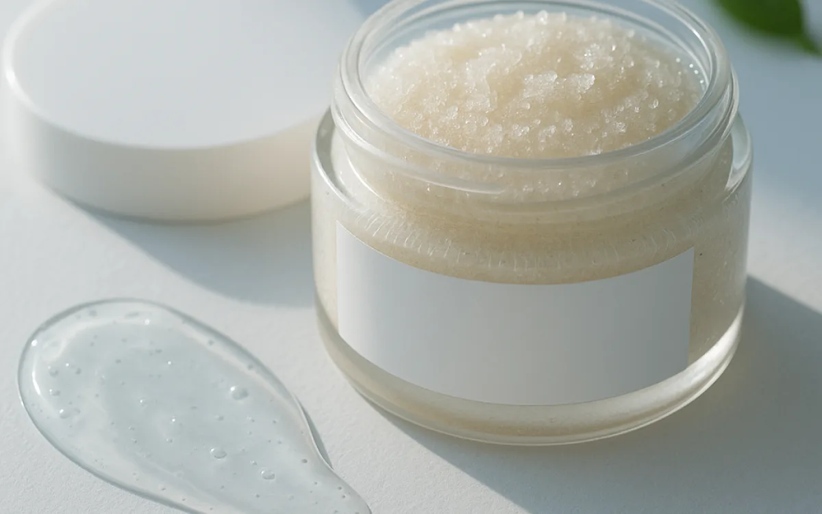 A gritty exfoliating scrub next to a smooth gel cleanser