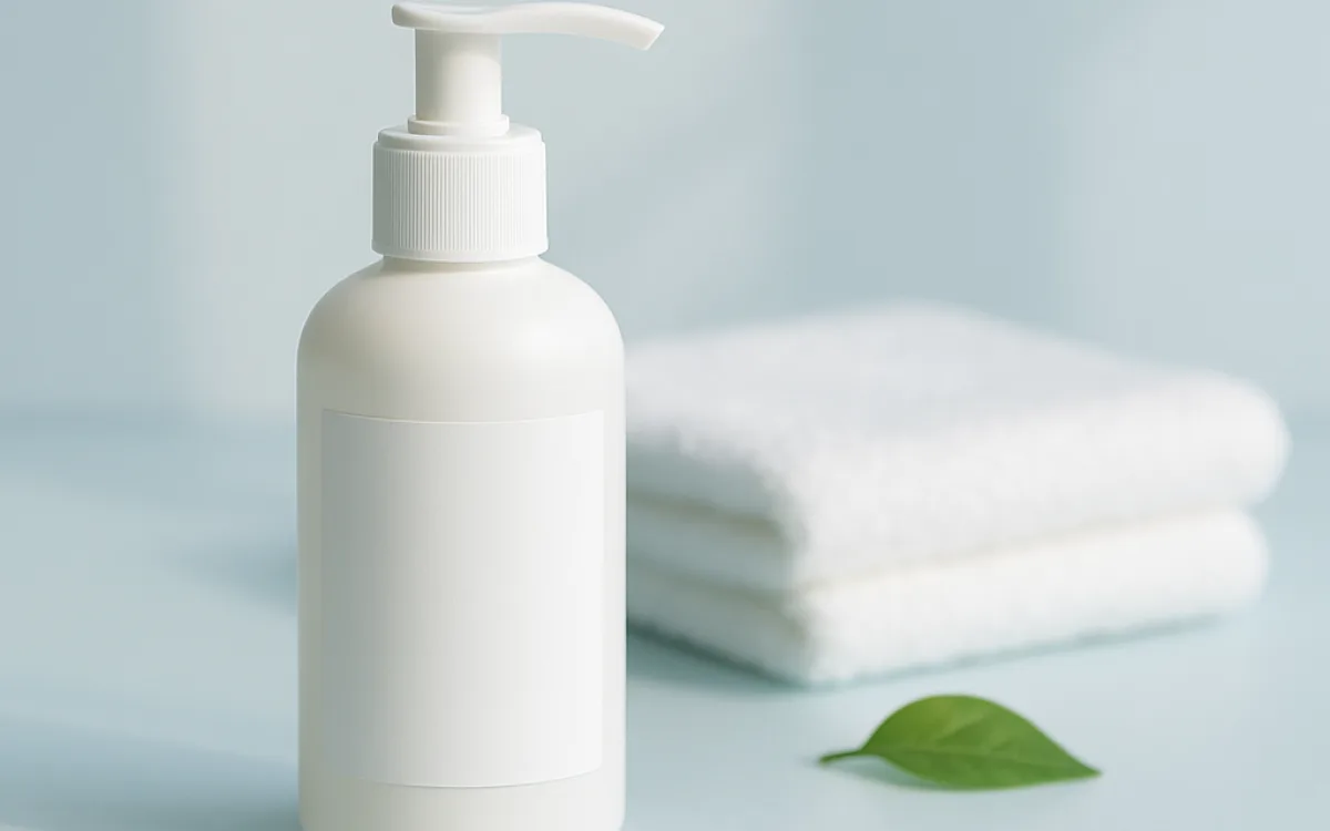 Plain white fragrance-free cleanser bottle with an unbranded label