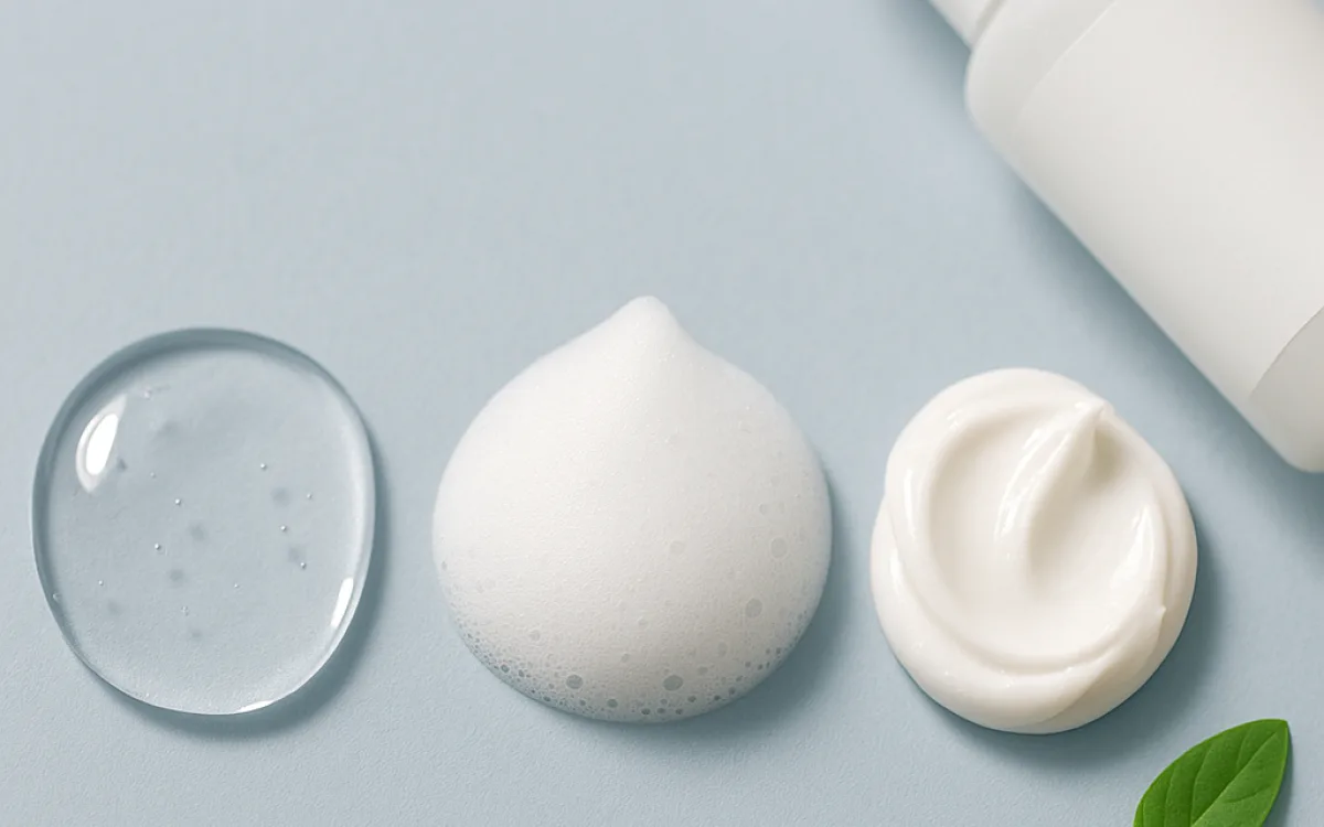 Three cleanser textures side by side: clear gel, white foam and cream
