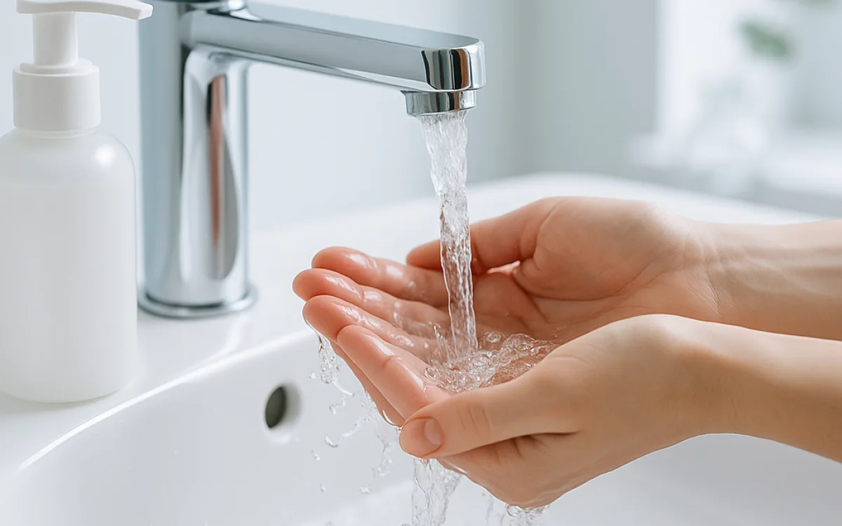 Water running over cupped hands at a bathroom basin