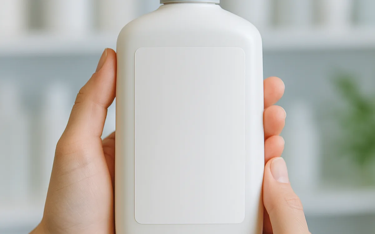 Hands holding a plain cleanser bottle and reading the ingredient list