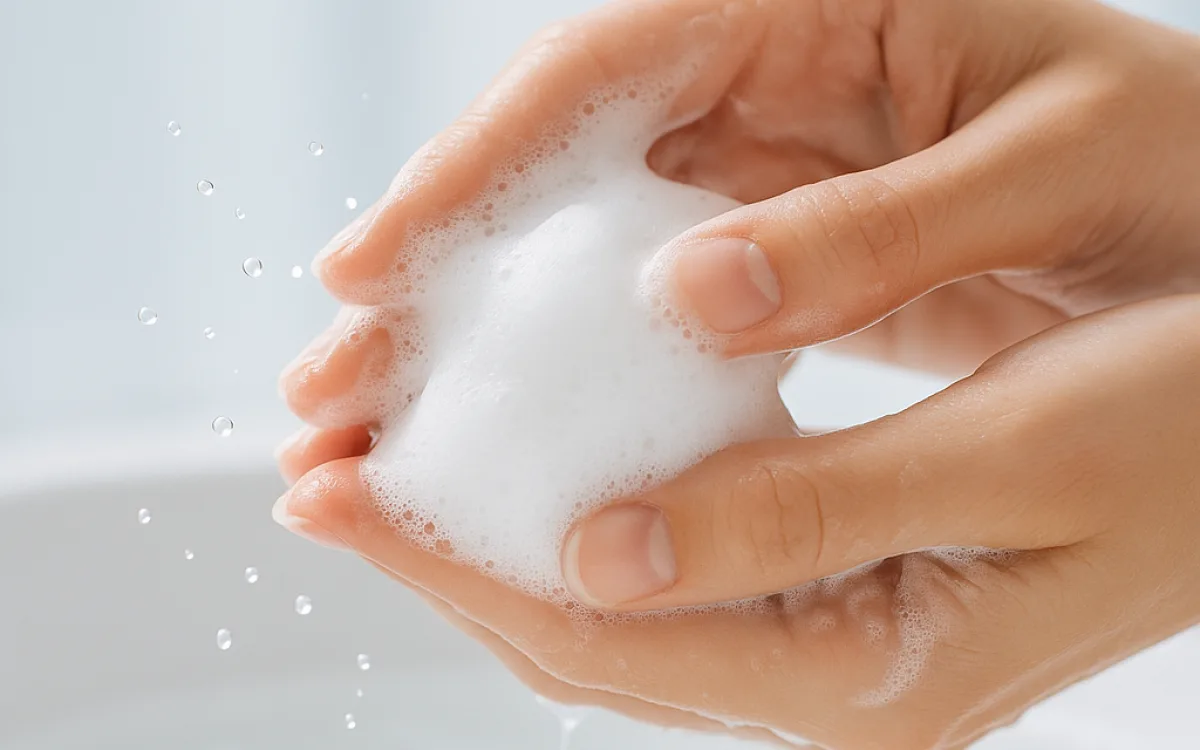 Foam being worked between fingertips over a basin of water