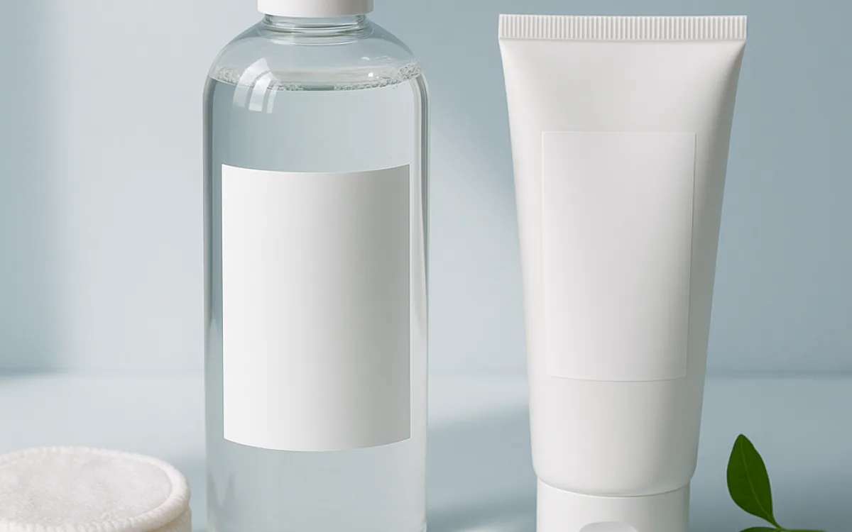 Bottle of micellar water beside reusable cotton rounds