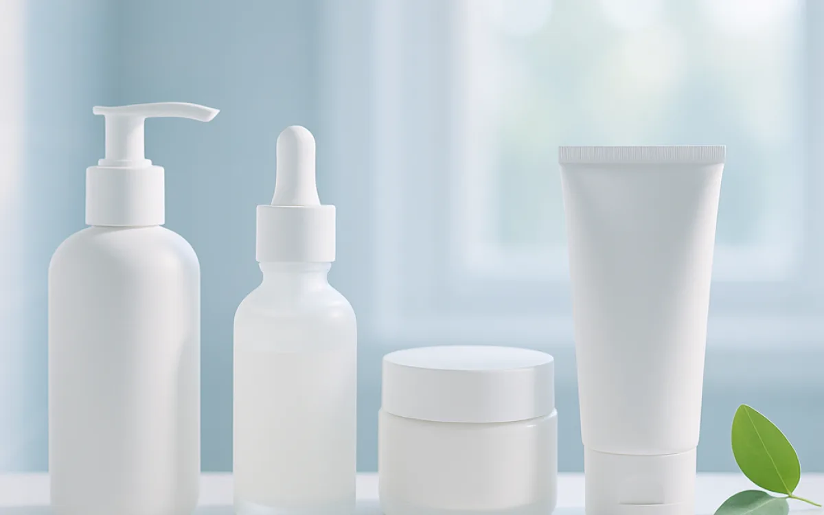 Morning skincare products lined up beside a bright window