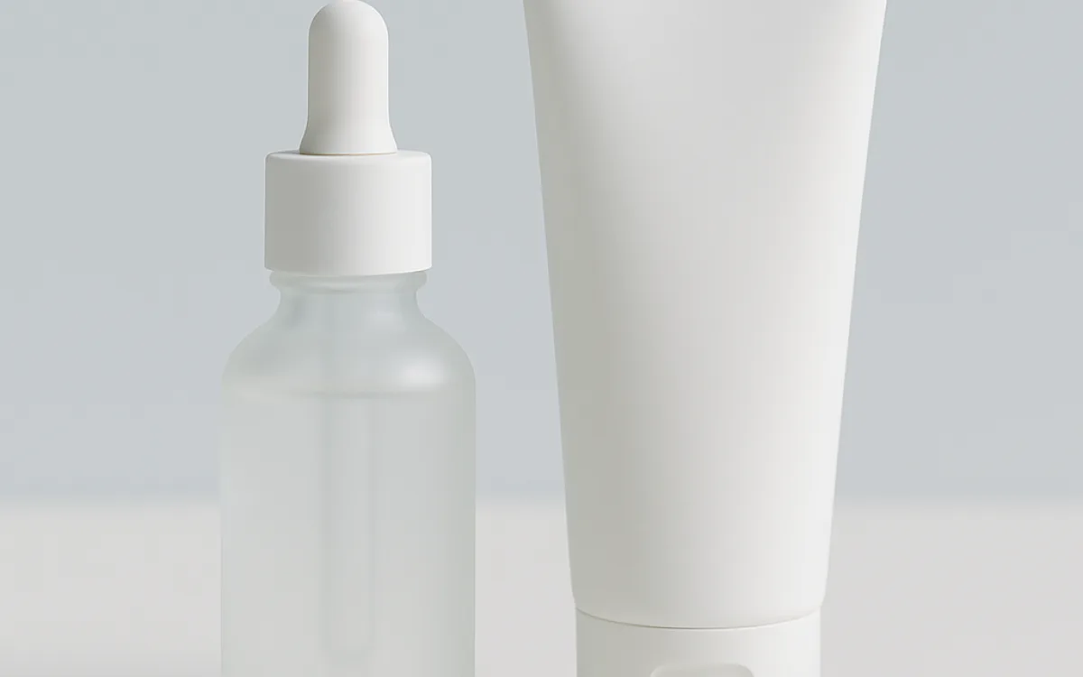 Niacinamide cleanser bottle beside a dropper of serum