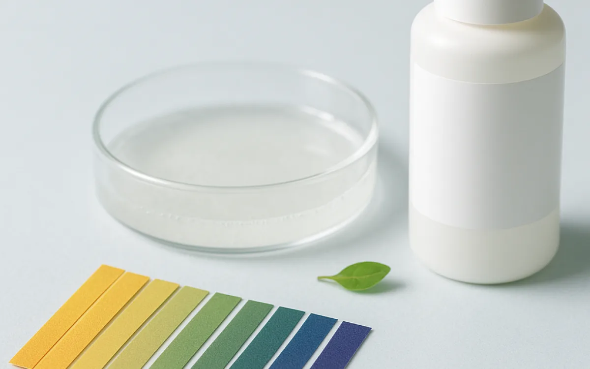 pH test strips beside a dish of dissolved face wash
