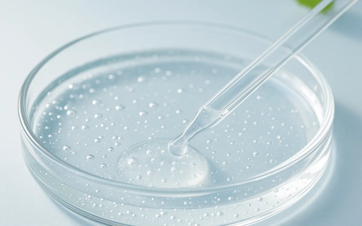 Clear salicylic acid cleanser in a glass dish with a pipette