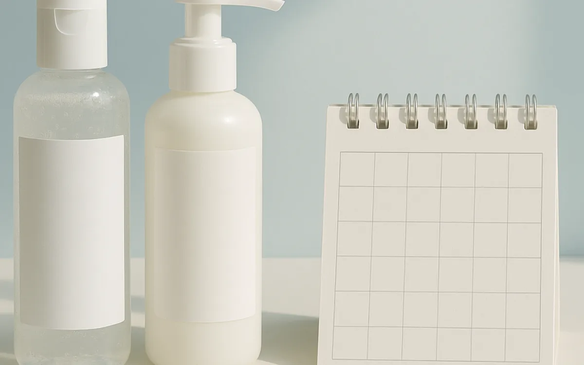 Two face wash bottles beside a small calendar marking dates